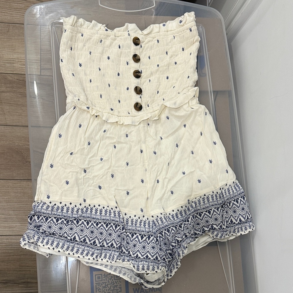 American Eagle Outfitters Cream and Blue Jumpsuit